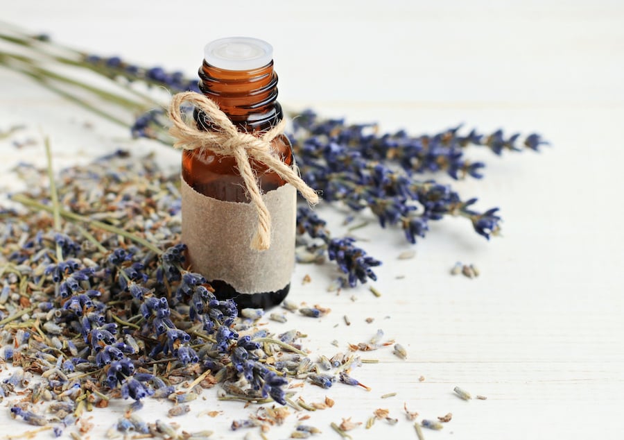 Dried lavender flowers next to essential oil bottle