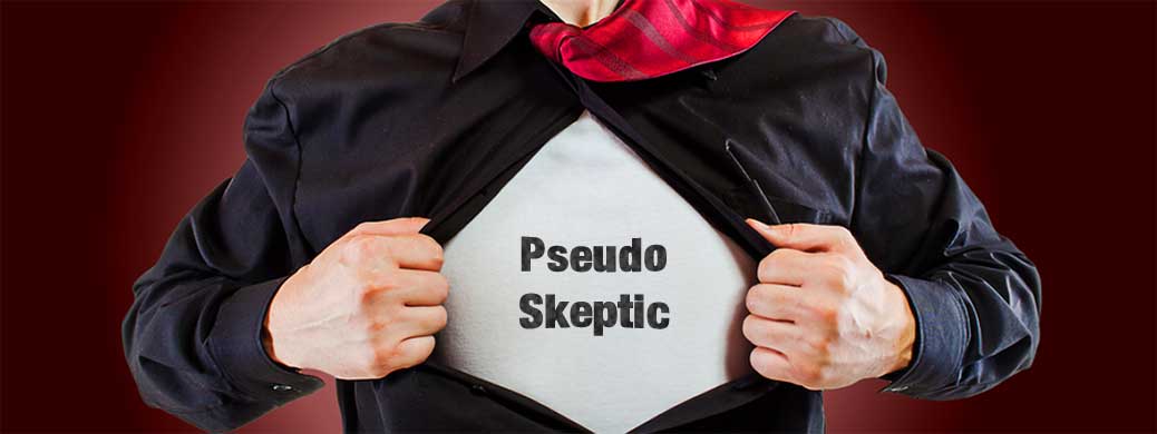 Picture of a person wearing a t-shirt with the words "Pseudo Skeptic" on the front